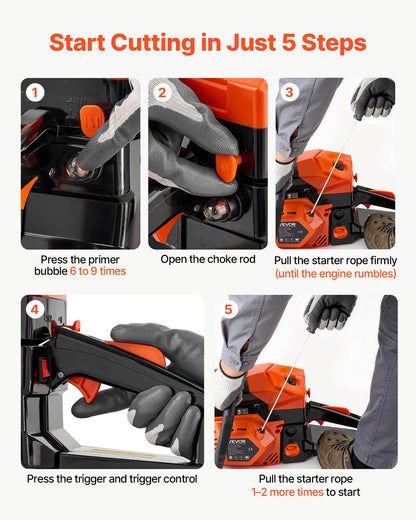 Gas Powered Chainsaw 457.2 mm 52CC 2kW 2 Stroke Engine Gas Chainsaw, for Wood Cutting, Tree Trimming & Land Clearing, Throttle-Synced Choke, Power Chain Saw with Non-Slip Handle & Dual Tanks