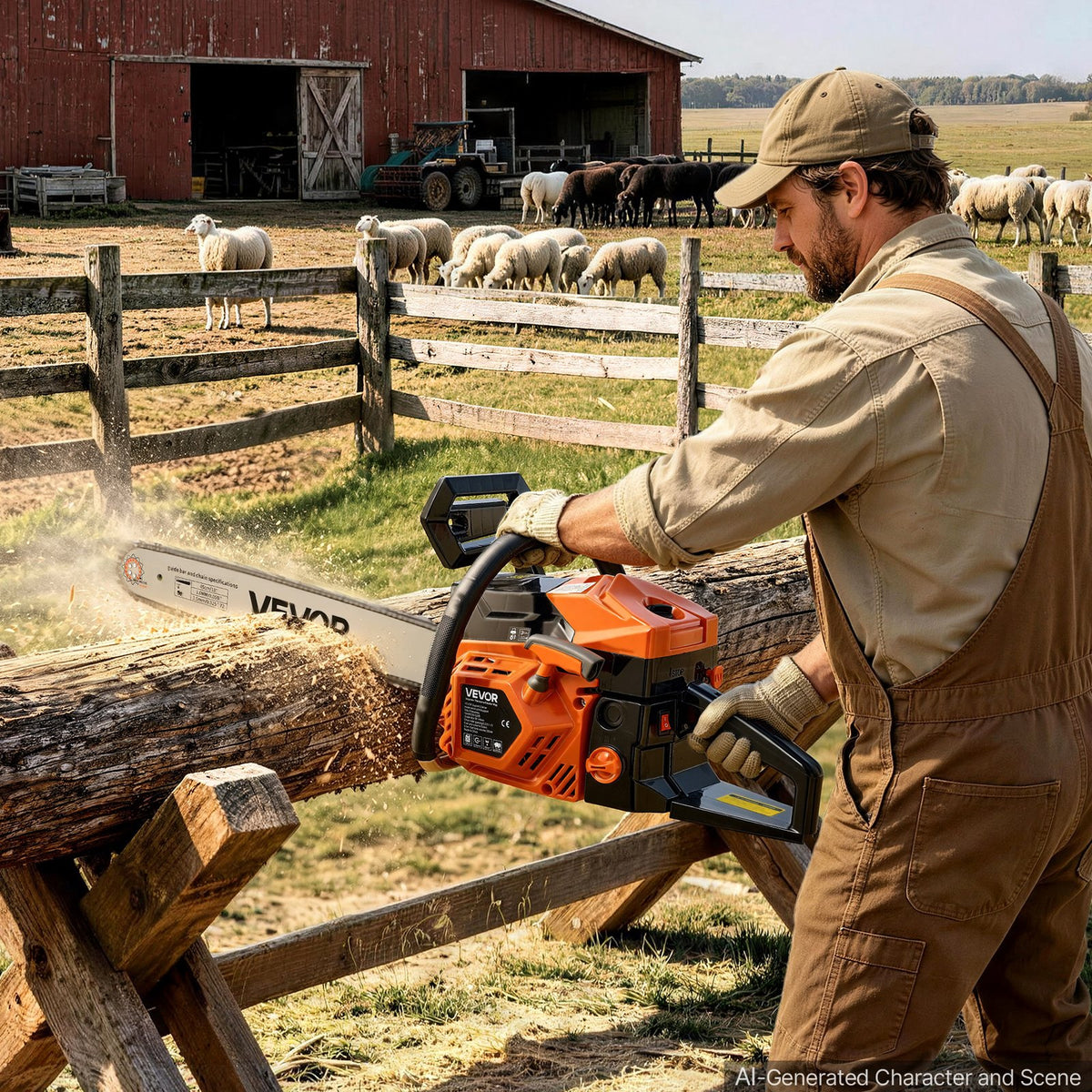 Gas Powered Chainsaw 457.2 mm 52CC 2kW 2 Stroke Engine Gas Chainsaw, for Wood Cutting, Tree Trimming & Land Clearing, Throttle-Synced Choke, Power Chain Saw with Non-Slip Handle & Dual Tanks