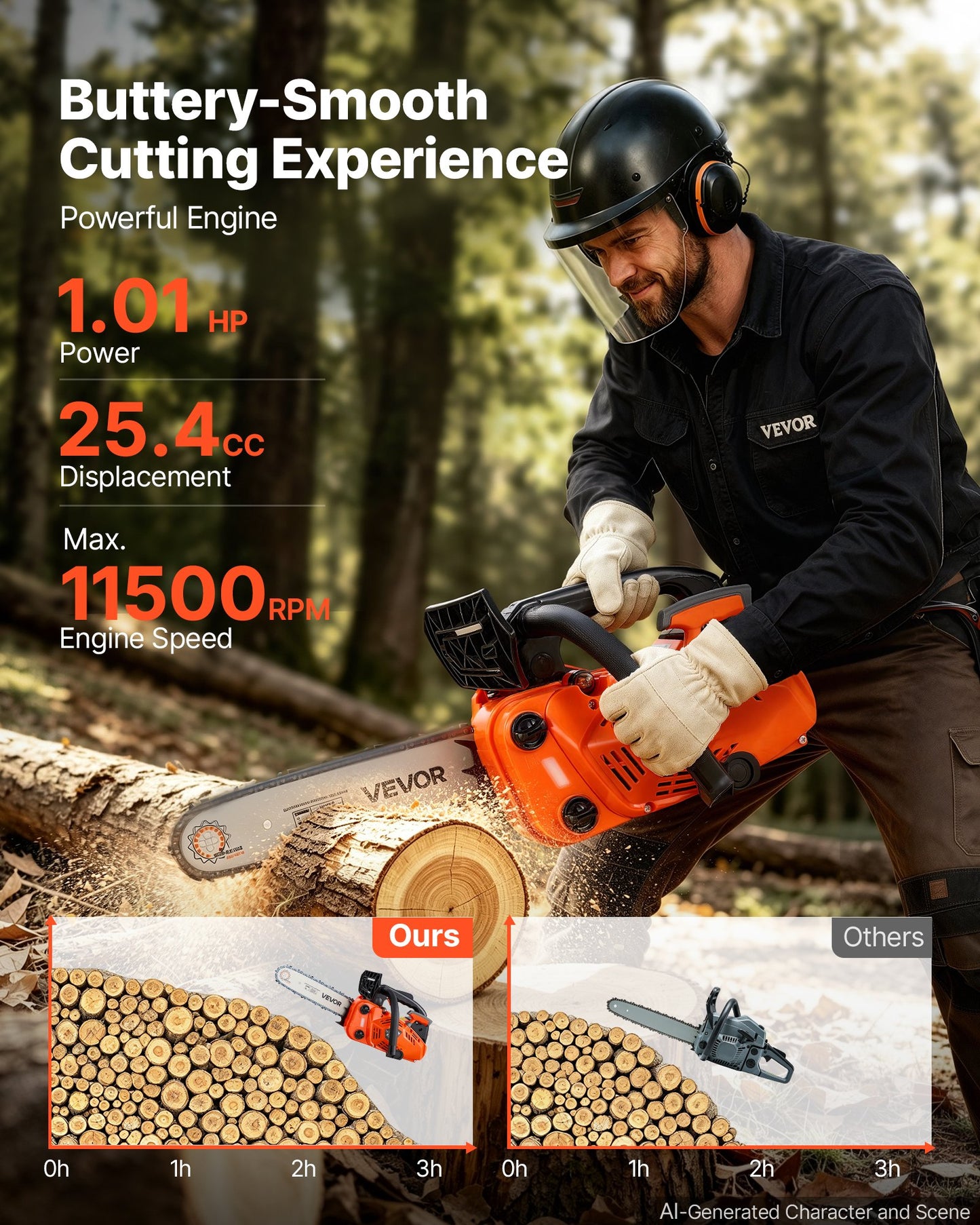 Gas Powered Chainsaw 304.8 mm 25.4CC 0.75kW 2 Stroke Engine Chainsaw, for Wood Cutting, Tree Trimming & Land Clearing, Throttle-Synced Choke, Power Chain Saw with Non-Slip Handle & Dual Tanks