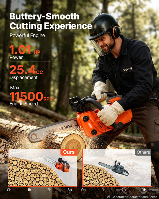 Gas Powered Chainsaw 304.8 mm 25.4CC 0.75kW 2 Stroke Engine Chainsaw, for Wood Cutting, Tree Trimming & Land Clearing, Throttle-Synced Choke, Power Chain Saw with Non-Slip Handle & Dual Tanks