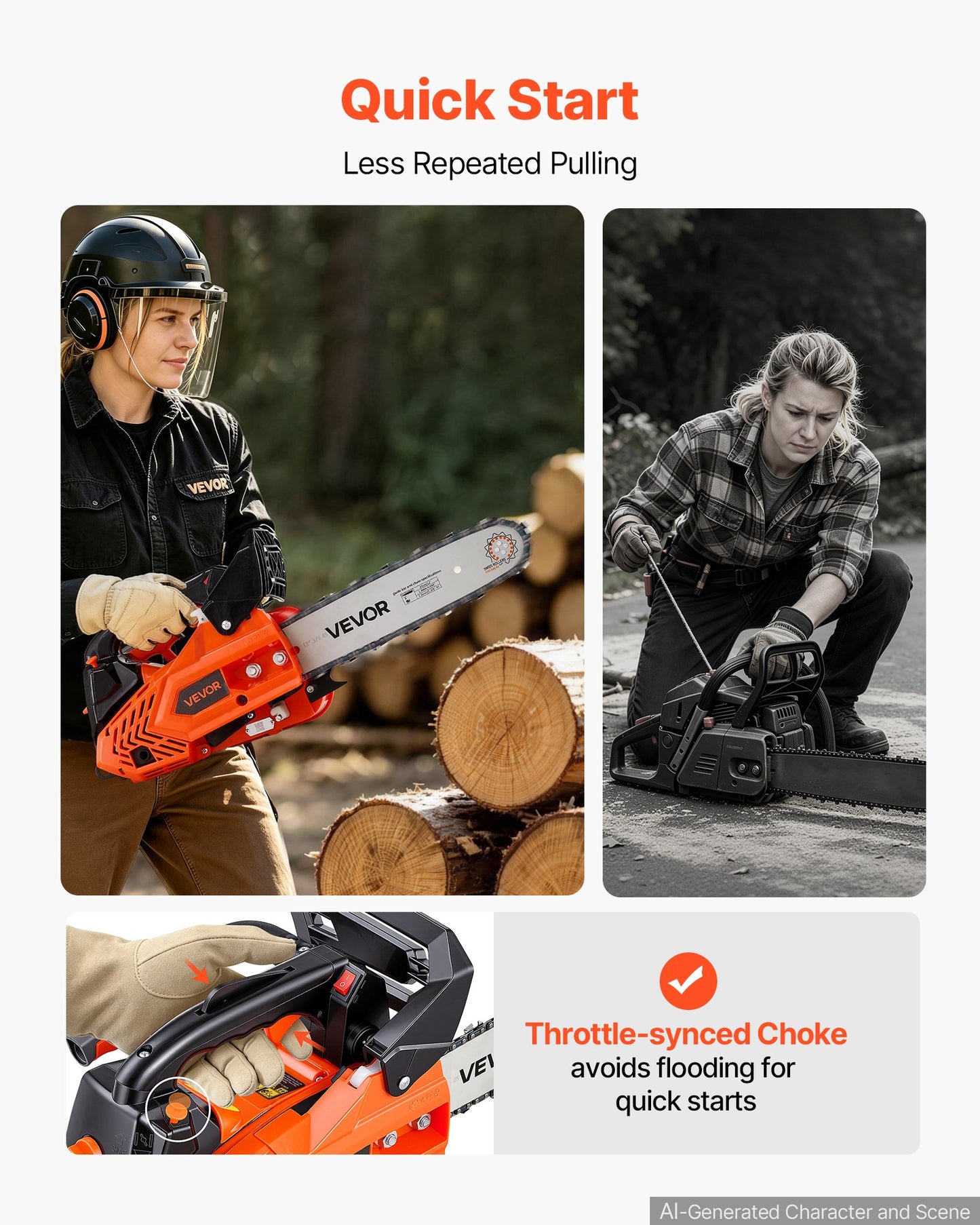 Gas Powered Chainsaw 304.8 mm 25.4CC 0.75kW 2 Stroke Engine Chainsaw, for Wood Cutting, Tree Trimming & Land Clearing, Throttle-Synced Choke, Power Chain Saw with Non-Slip Handle & Dual Tanks