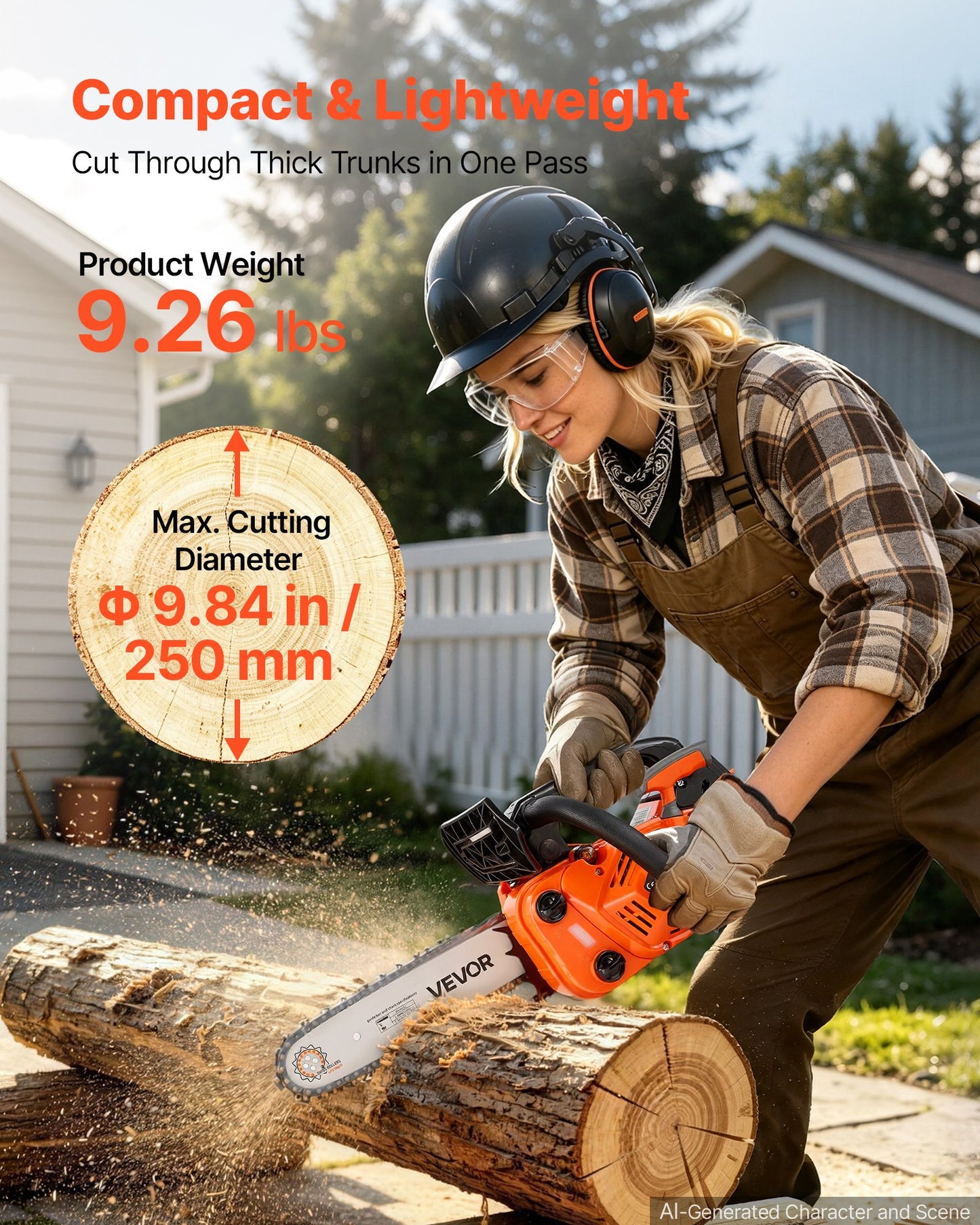 Gas Powered Chainsaw 304.8 mm 25.4CC 0.75kW 2 Stroke Engine Chainsaw, for Wood Cutting, Tree Trimming & Land Clearing, Throttle-Synced Choke, Power Chain Saw with Non-Slip Handle & Dual Tanks
