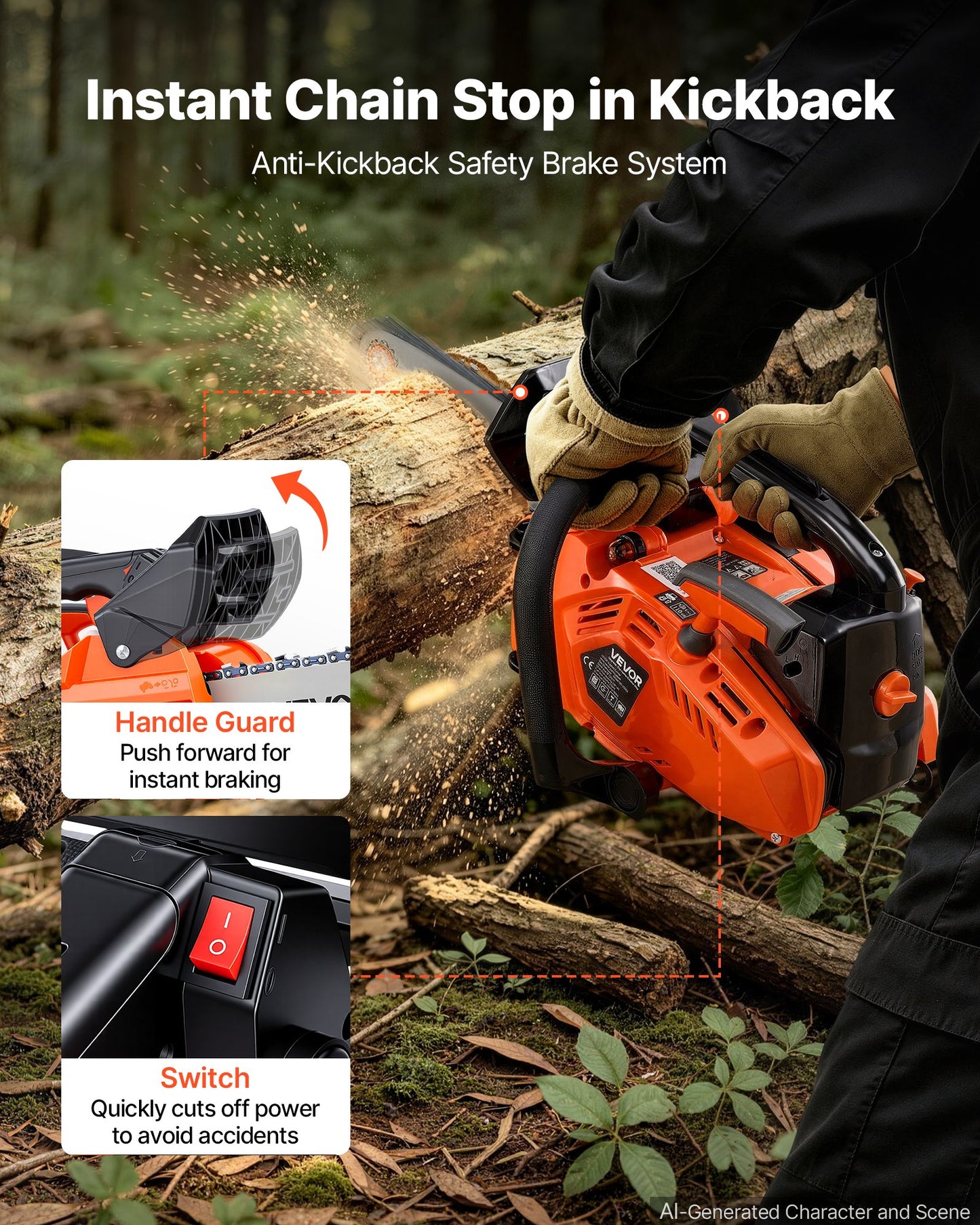 Gas Powered Chainsaw 304.8 mm 25.4CC 0.75kW 2 Stroke Engine Chainsaw, for Wood Cutting, Tree Trimming & Land Clearing, Throttle-Synced Choke, Power Chain Saw with Non-Slip Handle & Dual Tanks