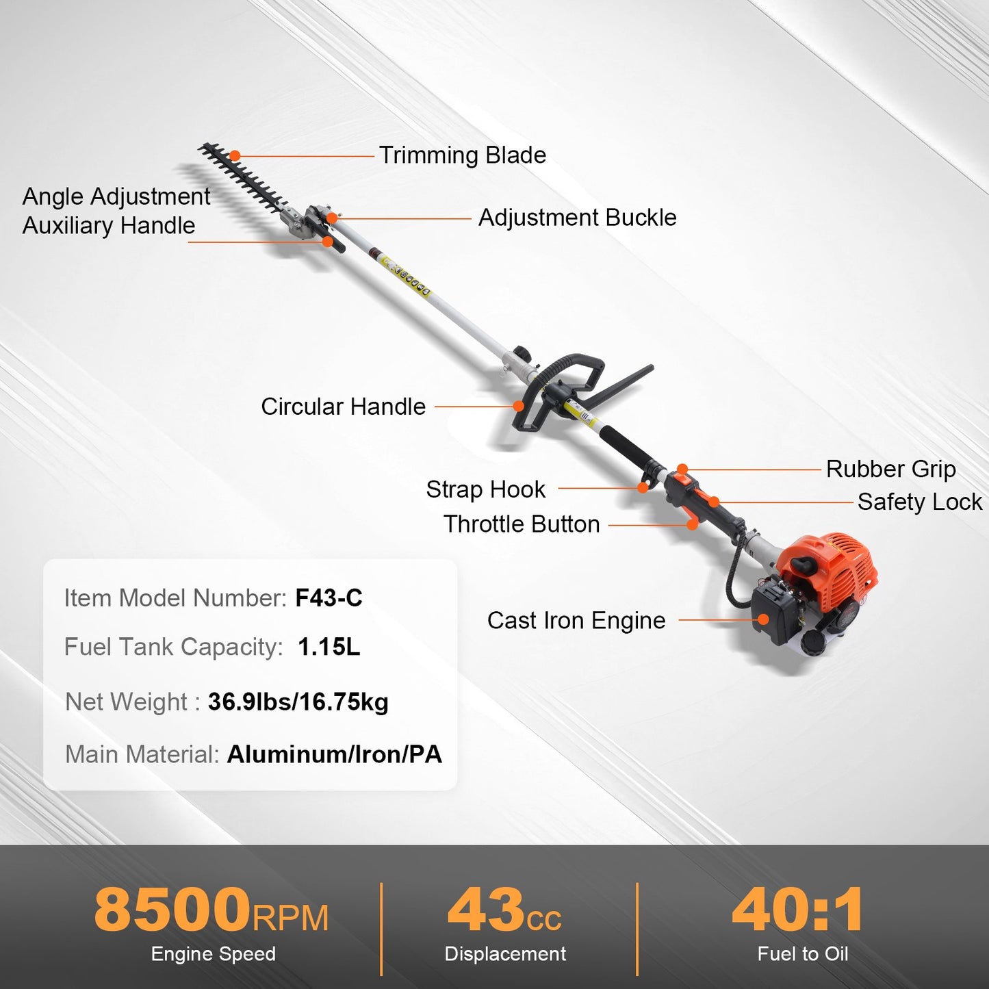 VEVOR 43CC 6-in-1 Multi-Functional Trimming Tools, Gas Hedge Trimmer, Weed Eater,