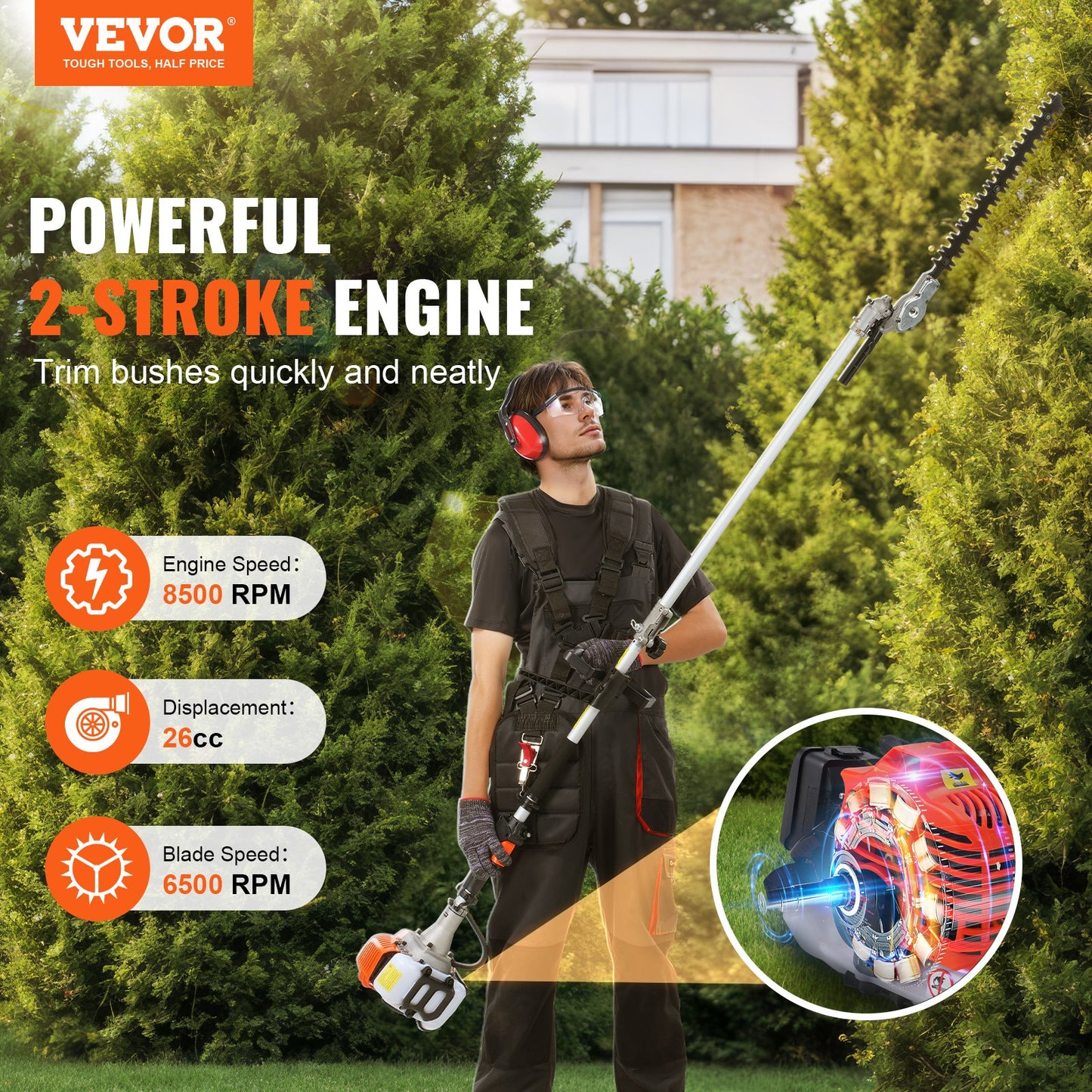 VEVOR 26CC 6-in-1 Multi-Functional Trimming Tools, Gas Hedge Trimmer, Weed Eater,