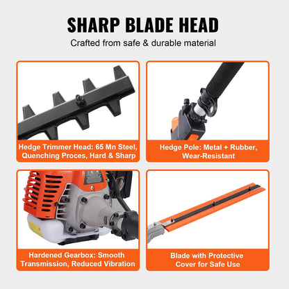 26CC Gas Hedge Trimmer with 4m Pole & Dual Action Blade, 270° Adjustable Head