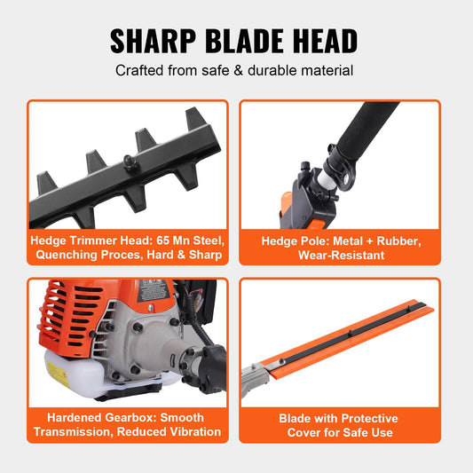 26CC Gas Hedge Trimmer with 4m Pole & Dual Action Blade, 270° Adjustable Head