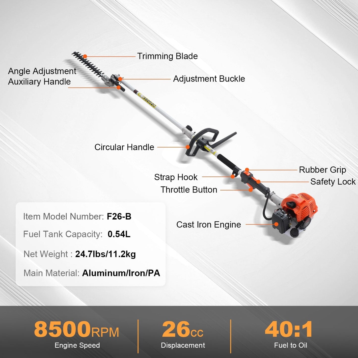 26CC Gas Hedge Trimmer with 4m Pole & Dual Action Blade, 270° Adjustable Head