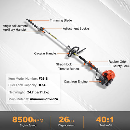 26CC Gas Hedge Trimmer with 4m Pole & Dual Action Blade, 270° Adjustable Head