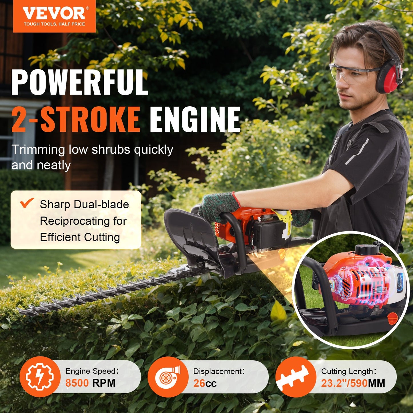 VEVOR 23.2-inch 26CC 2 Cycle Gas Hedge Trimmer, Gas Powered Handheld Hedge Trimmer