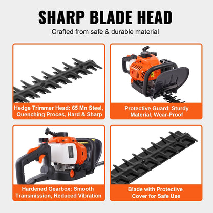 Gas Hedge Trimmer 0.6m Blade, 26CC Engine, Adjustable Head, Lightweight Design
