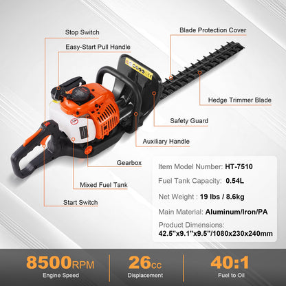 VEVOR 23.2-inch 26CC 2 Cycle Gas Hedge Trimmer, Gas Powered Handheld Hedge Trimmer