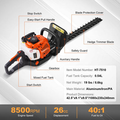 Gas Hedge Trimmer 0.6m Blade, 26CC Engine, Adjustable Head, Lightweight Design