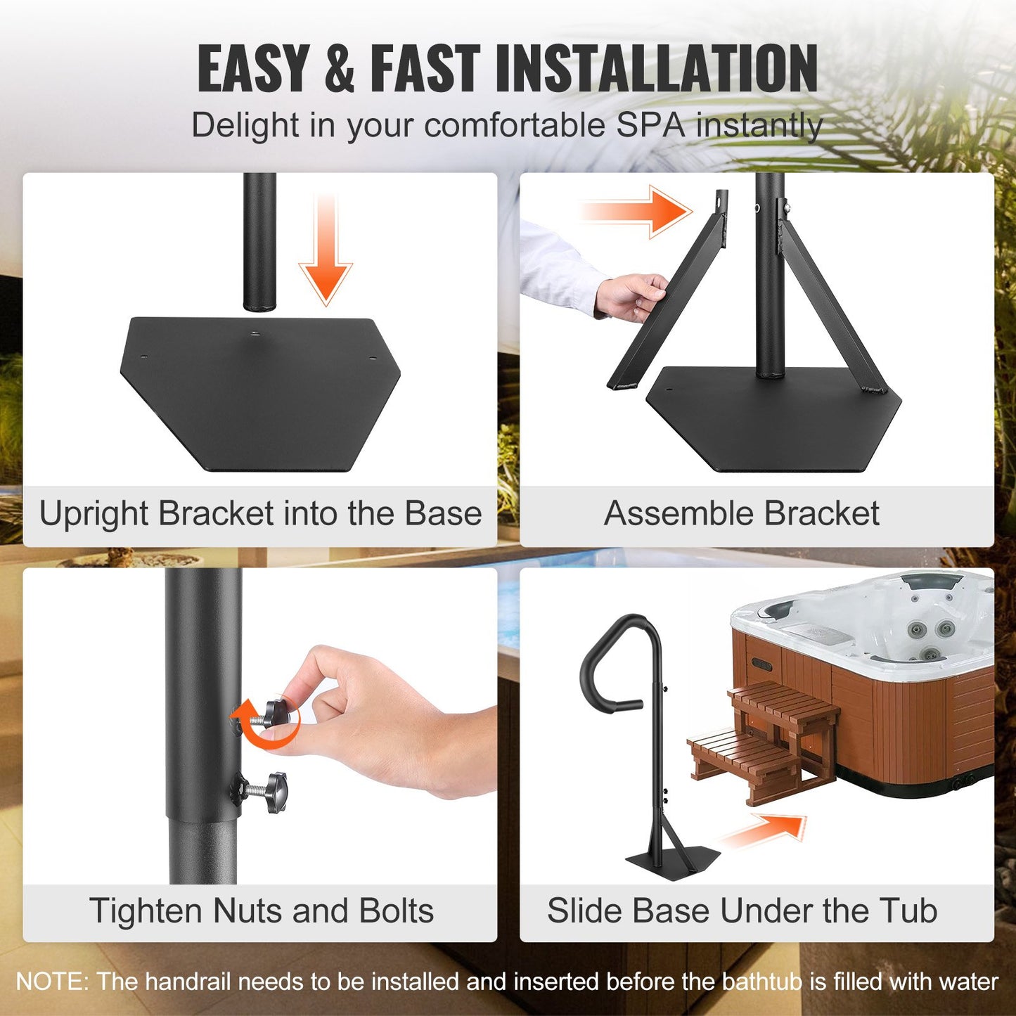 VEVOR Hot Tub Handrail, 360 Rotatable Spa Side Handrail with 48"-63" Adjustable
