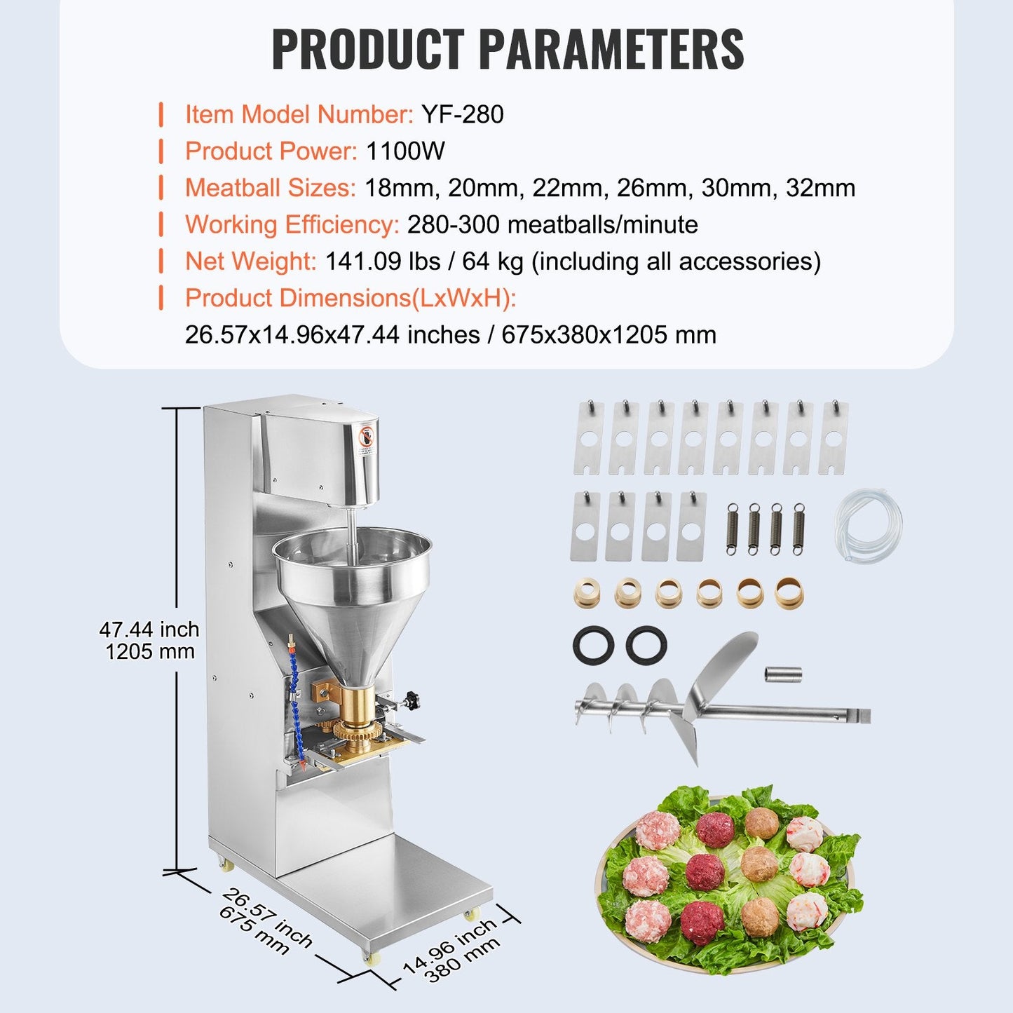 Automatic Meatball Maker, 1100W, Stainless Steel, Multiple Sizes, 280/min