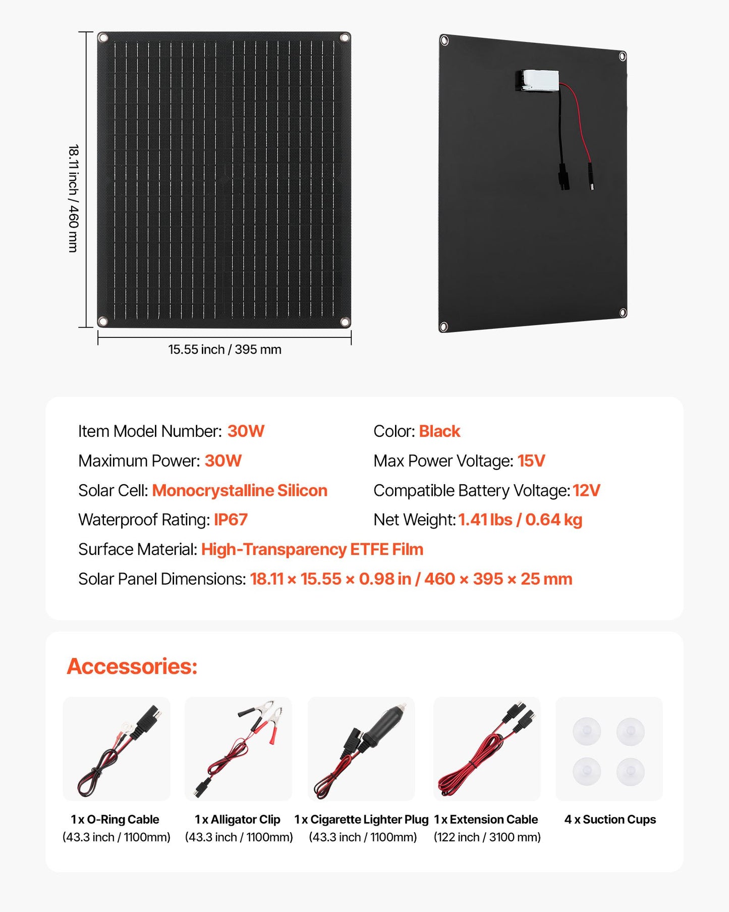 30W 12V Solar Panel Battery Charger, Solar Battery Trickle Charger Maintainer with Built-in Smart Controller & 3 Connection Cables, IP67 Waterproof Portable for RV Car Motorcycle Boat Van Camper
