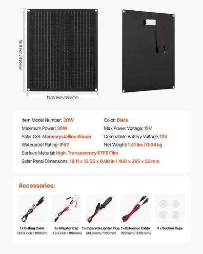 30W 12V Solar Panel Battery Charger, Solar Battery Trickle Charger Maintainer with Built-in Smart Controller & 3 Connection Cables, IP67 Waterproof Portable for RV Car Motorcycle Boat Van Camper
