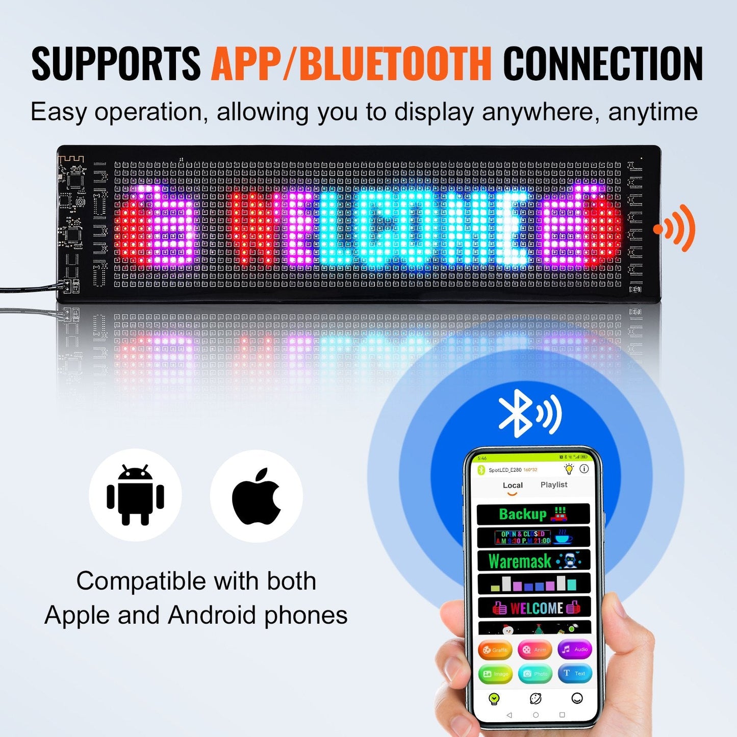 Programmable LED Scrolling Display Board, Custom Text, Bluetooth Control, 38x10cm