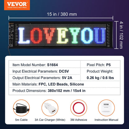 Programmable LED Scrolling Display Board, Custom Text, Bluetooth Control, 38x10cm