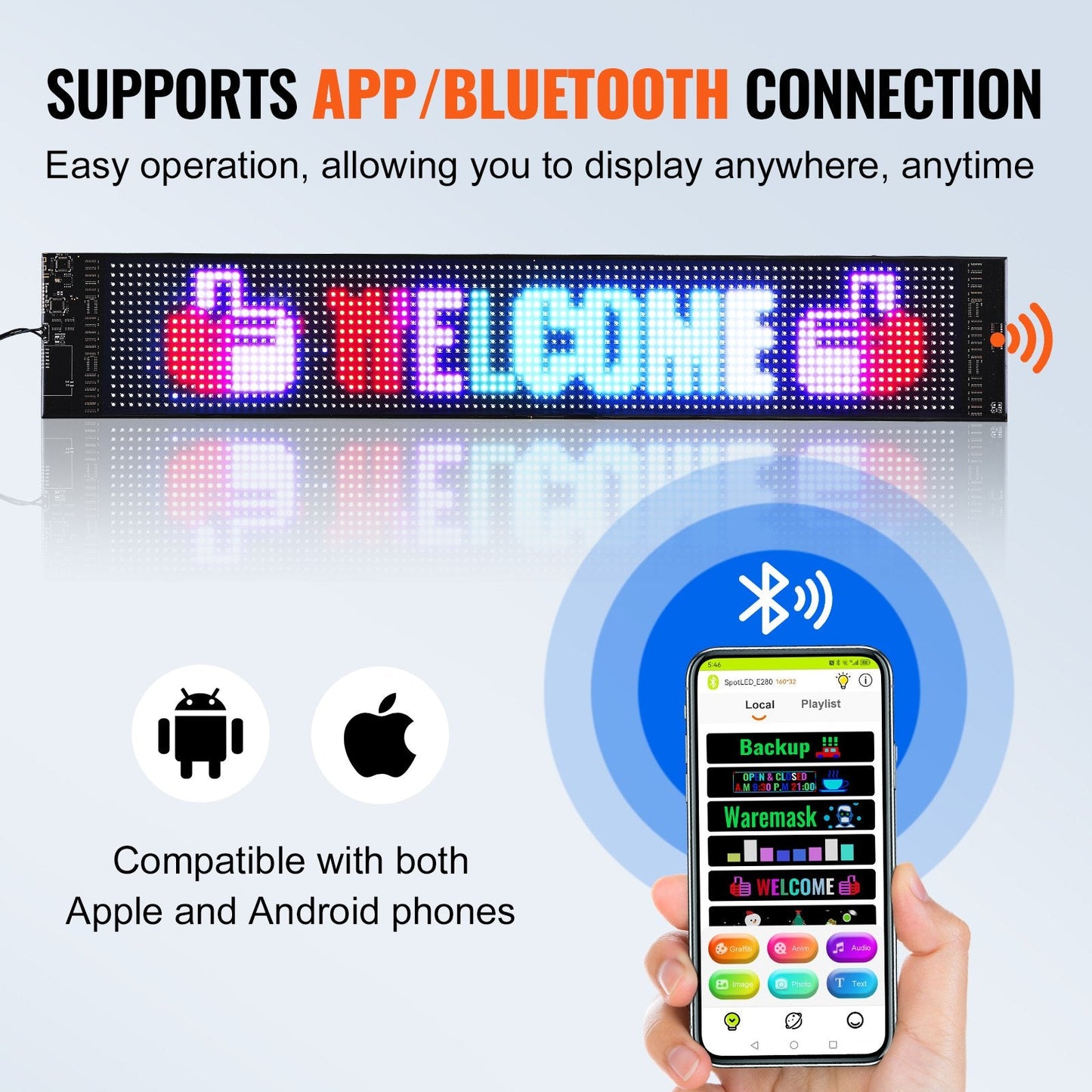 Programmable Full Color LED Display Board with Bluetooth Control, 68x12cm