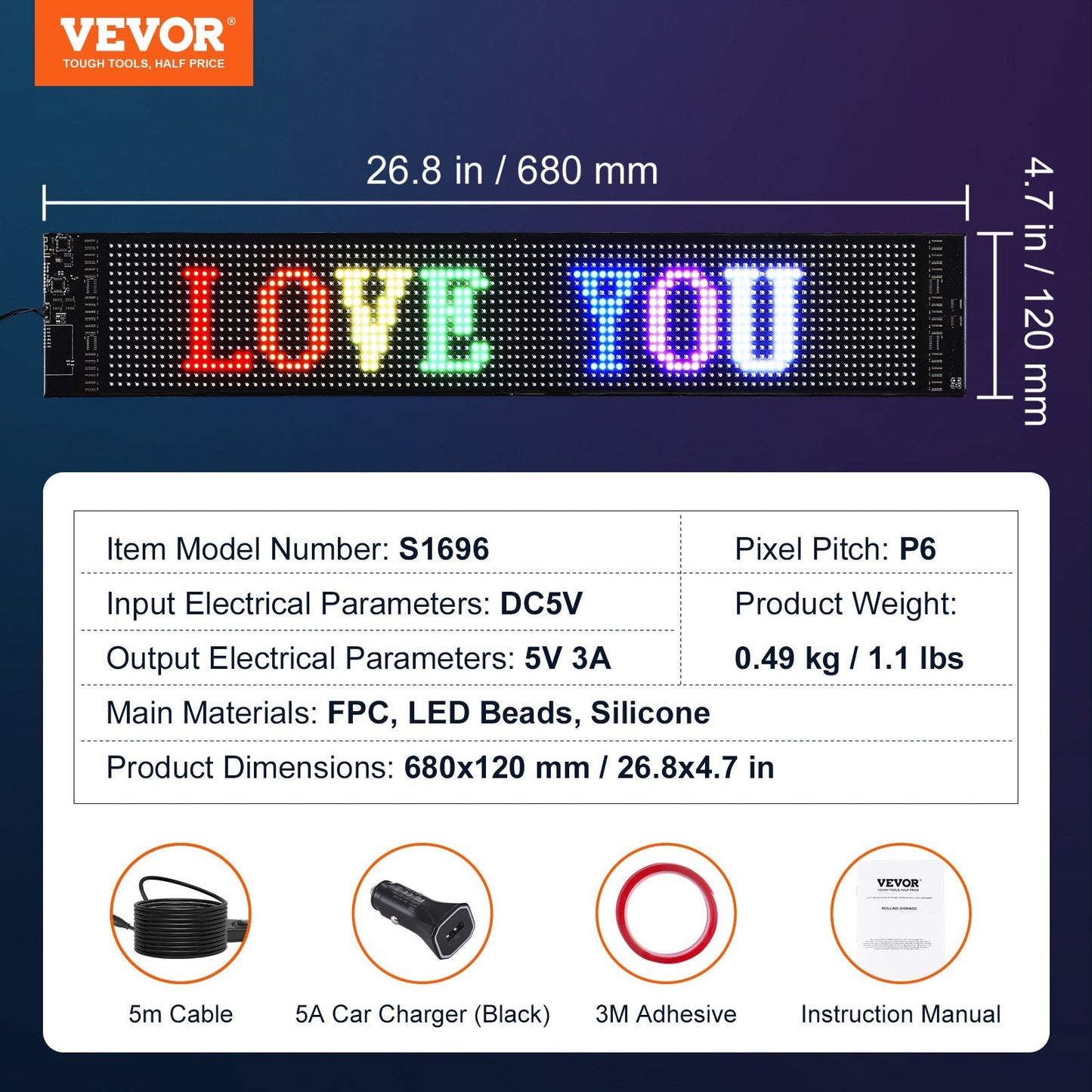 Programmable Full Color LED Display Board with Bluetooth Control, 68x12cm