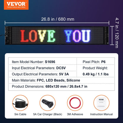 Programmable Full Color LED Display Board with Bluetooth Control, 68x12cm