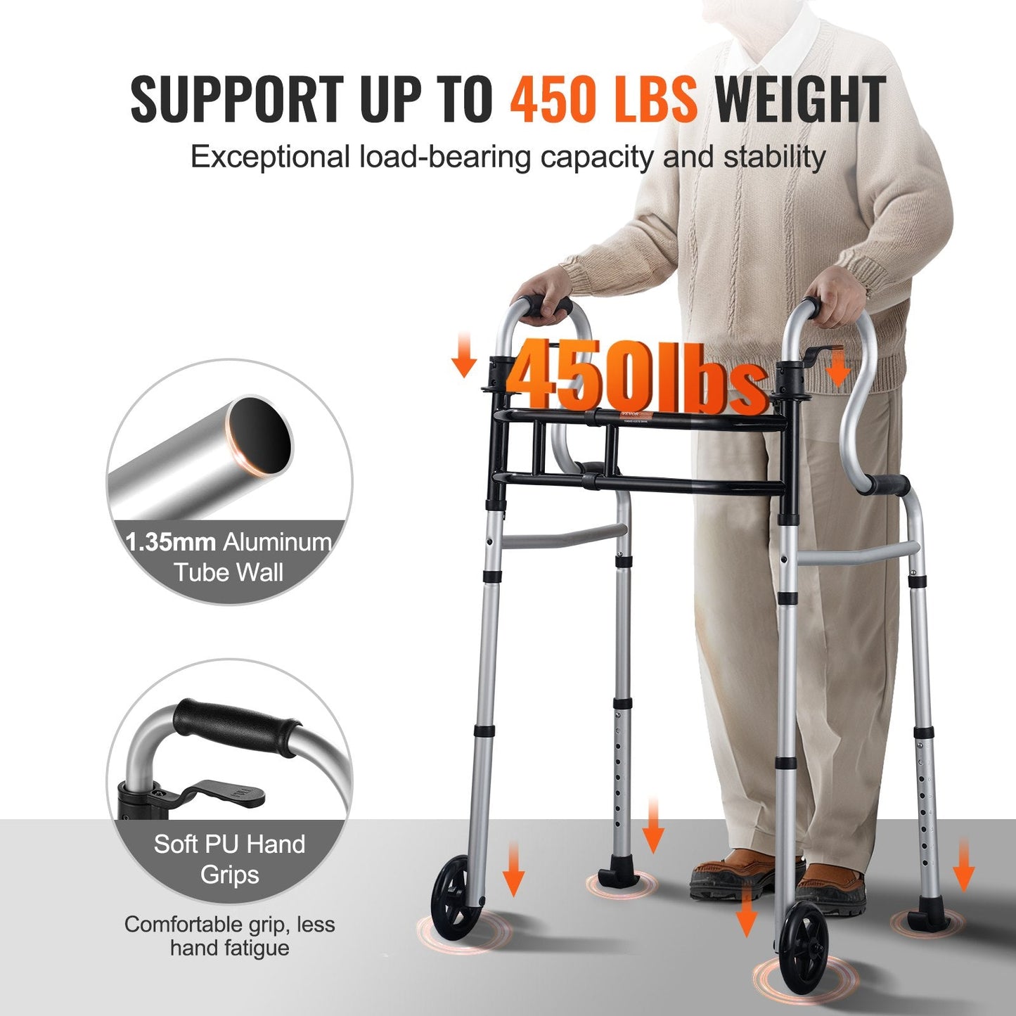 Adjustable Folding Walker with Stand-Assist, 450 kg Capacity, Aluminum Frame