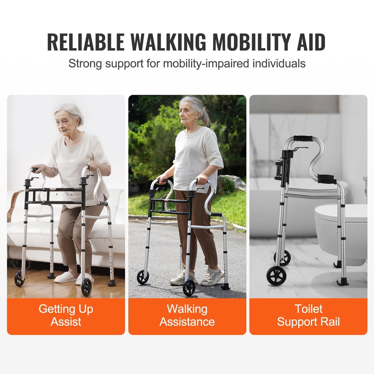 Adjustable Folding Walker with Stand-Assist, 450 kg Capacity, Aluminum Frame