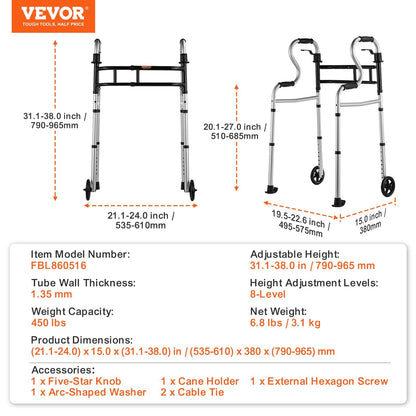 Adjustable Folding Walker with Stand-Assist, 450 kg Capacity, Aluminum Frame