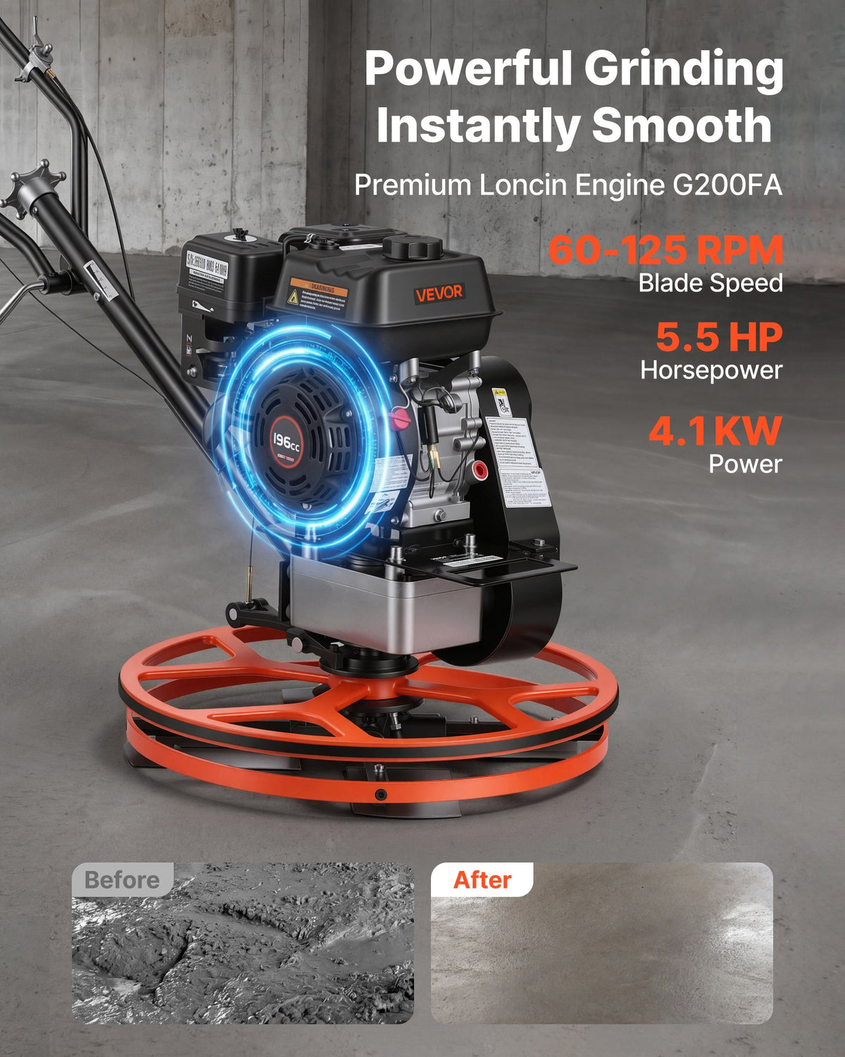 Power Trowel, 610 mm Concrete Finishing Machine with Float Pan, 5.5HP Engine, 4 Blades, Adjustable Pitch, Gas-Powered Walk-Behind Cement Surface Finisher for Smooth Floors, Construction Use