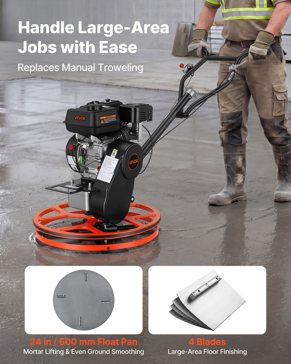 Power Trowel, 610 mm Concrete Finishing Machine with Float Pan, 5.5HP Engine, 4 Blades, Adjustable Pitch, Gas-Powered Walk-Behind Cement Surface Finisher for Smooth Floors, Construction Use