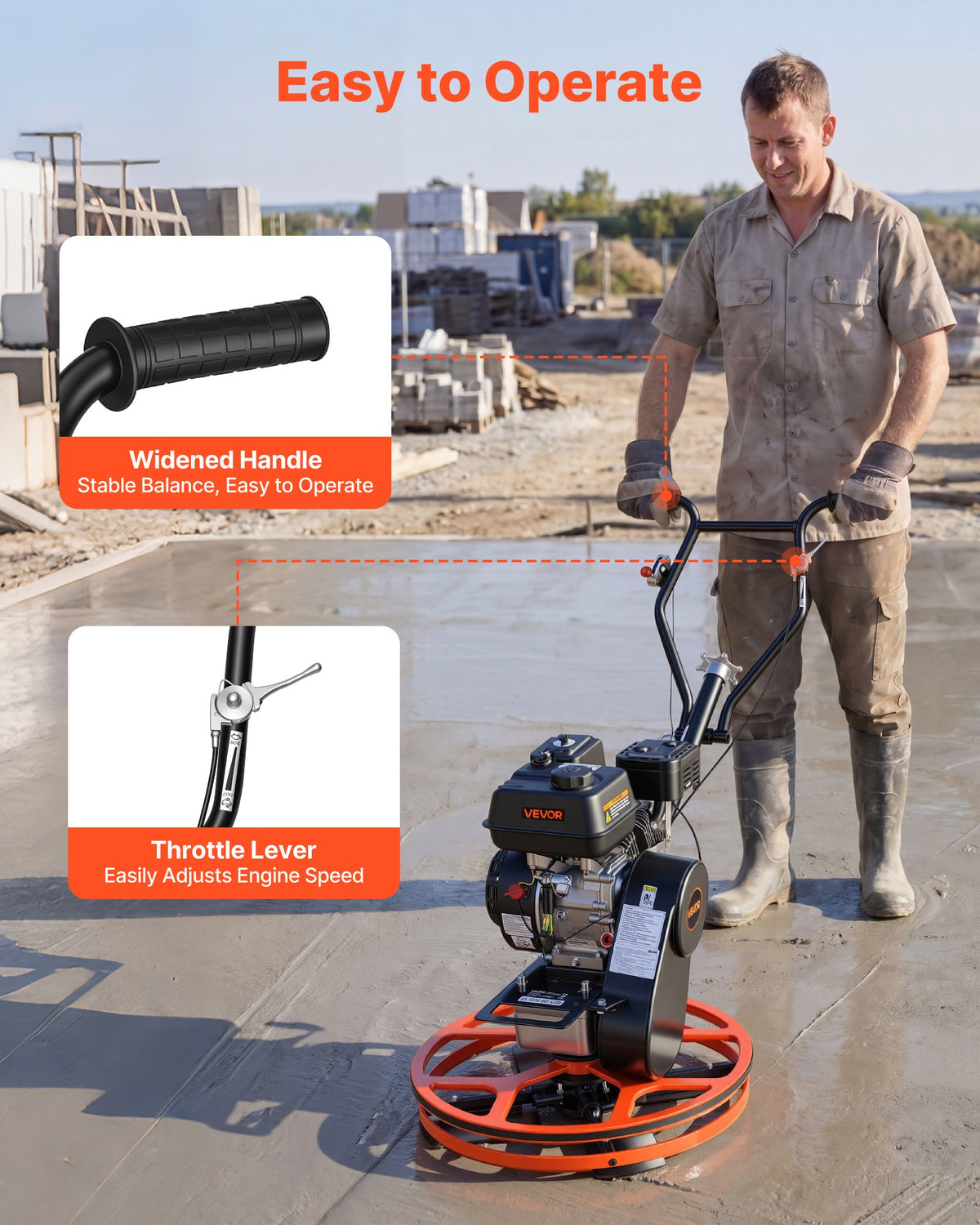 Power Trowel, 610 mm Concrete Finishing Machine with Float Pan, 5.5HP Engine, 4 Blades, Adjustable Pitch, Gas-Powered Walk-Behind Cement Surface Finisher for Smooth Floors, Construction Use