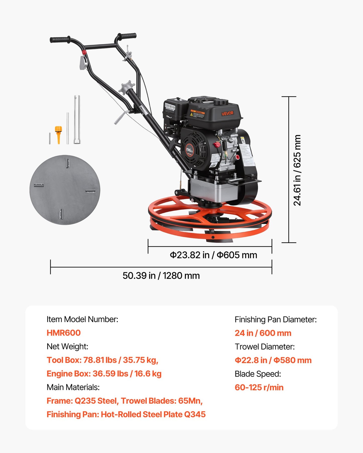 Power Trowel, 610 mm Concrete Finishing Machine with Float Pan, 5.5HP Engine, 4 Blades, Adjustable Pitch, Gas-Powered Walk-Behind Cement Surface Finisher for Smooth Floors, Construction Use
