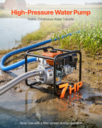 Gas Powered Water Pump, 50.8 mm, 132 GPM 7HP Semi Trash Water Transfer Pump Portable, Gasoline Engine with 7.62 m Discharge Hose, Heavy Duty Frame, Cast Iron Impeller, for Irrigation, Pools