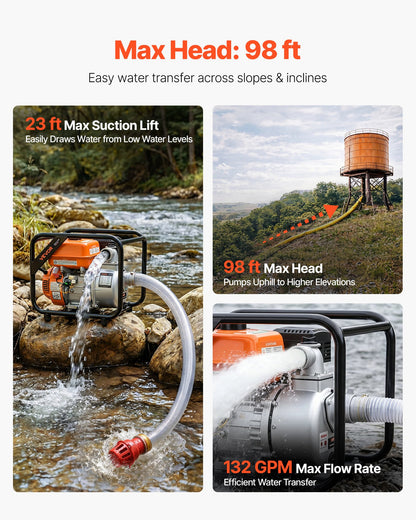 Gas Powered Water Pump, 50.8 mm, 132 GPM 7HP Semi Trash Water Transfer Pump Portable, Gasoline Engine with 7.62 m Discharge Hose, Heavy Duty Frame, Cast Iron Impeller, for Irrigation, Pools