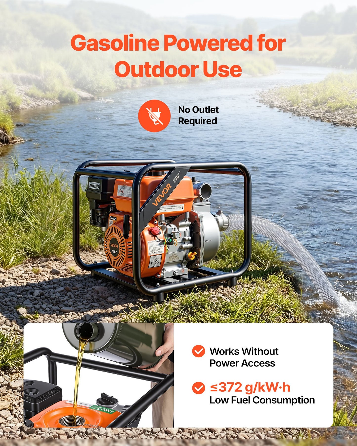Gas Powered Water Pump, 50.8 mm, 132 GPM 7HP Semi Trash Water Transfer Pump Portable, Gasoline Engine with 7.62 m Discharge Hose, Heavy Duty Frame, Cast Iron Impeller, for Irrigation, Pools