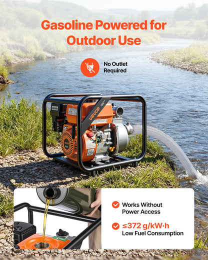 Gas Powered Water Pump, 50.8 mm, 132 GPM 7HP Semi Trash Water Transfer Pump Portable, Gasoline Engine with 7.62 m Discharge Hose, Heavy Duty Frame, Cast Iron Impeller, for Irrigation, Pools