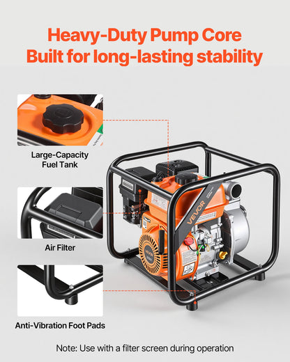 Gas Powered Water Pump, 50.8 mm, 132 GPM 7HP Semi Trash Water Transfer Pump Portable, Gasoline Engine with 7.62 m Discharge Hose, Heavy Duty Frame, Cast Iron Impeller, for Irrigation, Pools