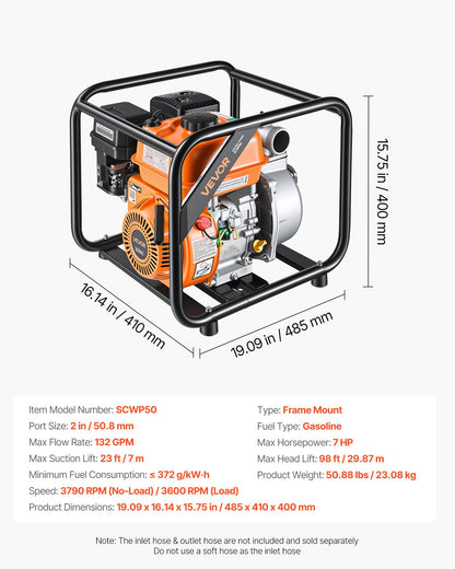 Gas Powered Water Pump, 50.8 mm, 132 GPM 7HP Semi Trash Water Transfer Pump Portable, Gasoline Engine with 7.62 m Discharge Hose, Heavy Duty Frame, Cast Iron Impeller, for Irrigation, Pools
