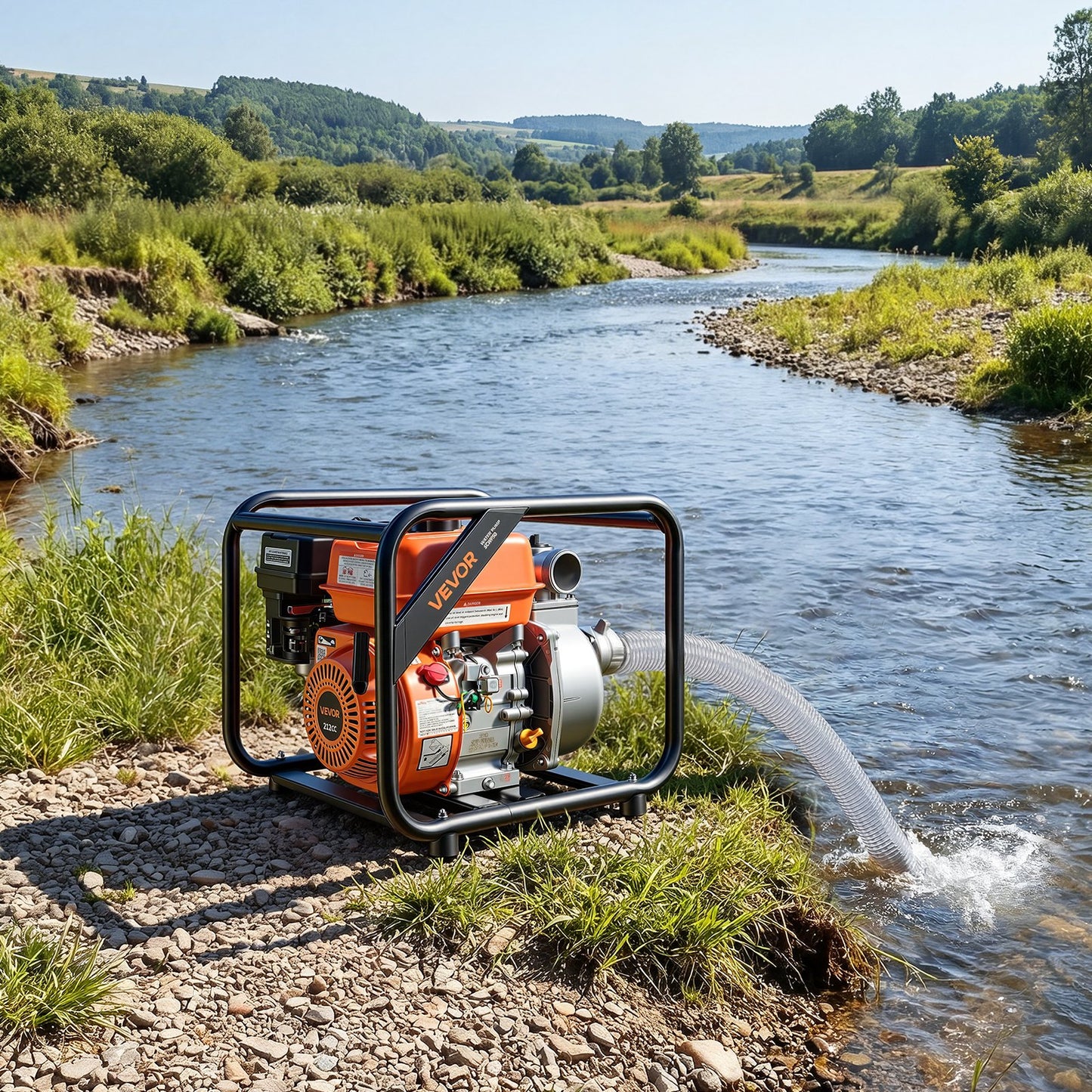 Gas Powered Water Pump, 50.8 mm, 132 GPM 7HP Semi Trash Water Transfer Pump Portable, Gasoline Engine with 7.62 m Discharge Hose, Heavy Duty Frame, Cast Iron Impeller, for Irrigation, Pools