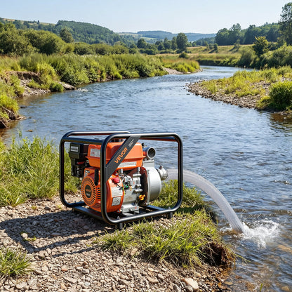 Gas Powered Water Pump, 50.8 mm, 132 GPM 7HP Semi Trash Water Transfer Pump Portable, Gasoline Engine with 7.62 m Discharge Hose, Heavy Duty Frame, Cast Iron Impeller, for Irrigation, Pools