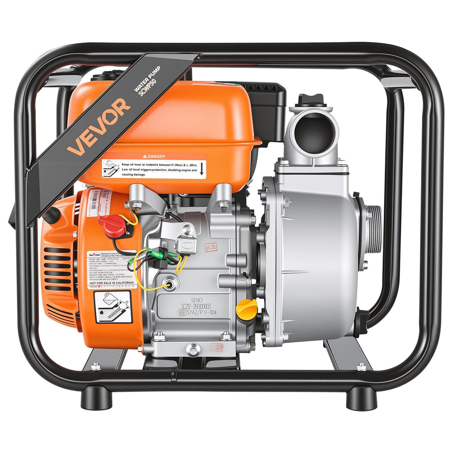 Gas Powered Water Pump, 50.8 mm, 132 GPM 7HP Semi Trash Water Transfer Pump Portable, Gasoline Engine with 7.62 m Discharge Hose, Heavy Duty Frame, Cast Iron Impeller, for Irrigation, Pools