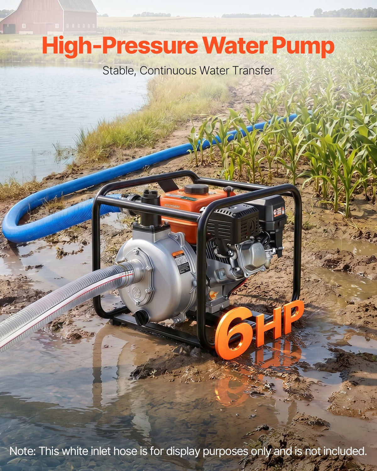 Gas Powered Water Pump, 50.8 mm, 128 GPM 6HP Semi Trash Water Transfer Pump Portable, Gasoline Engine with 7.62 m Discharge Hose, Heavy Duty Frame, Cast Iron Impeller, for Irrigation, Pools