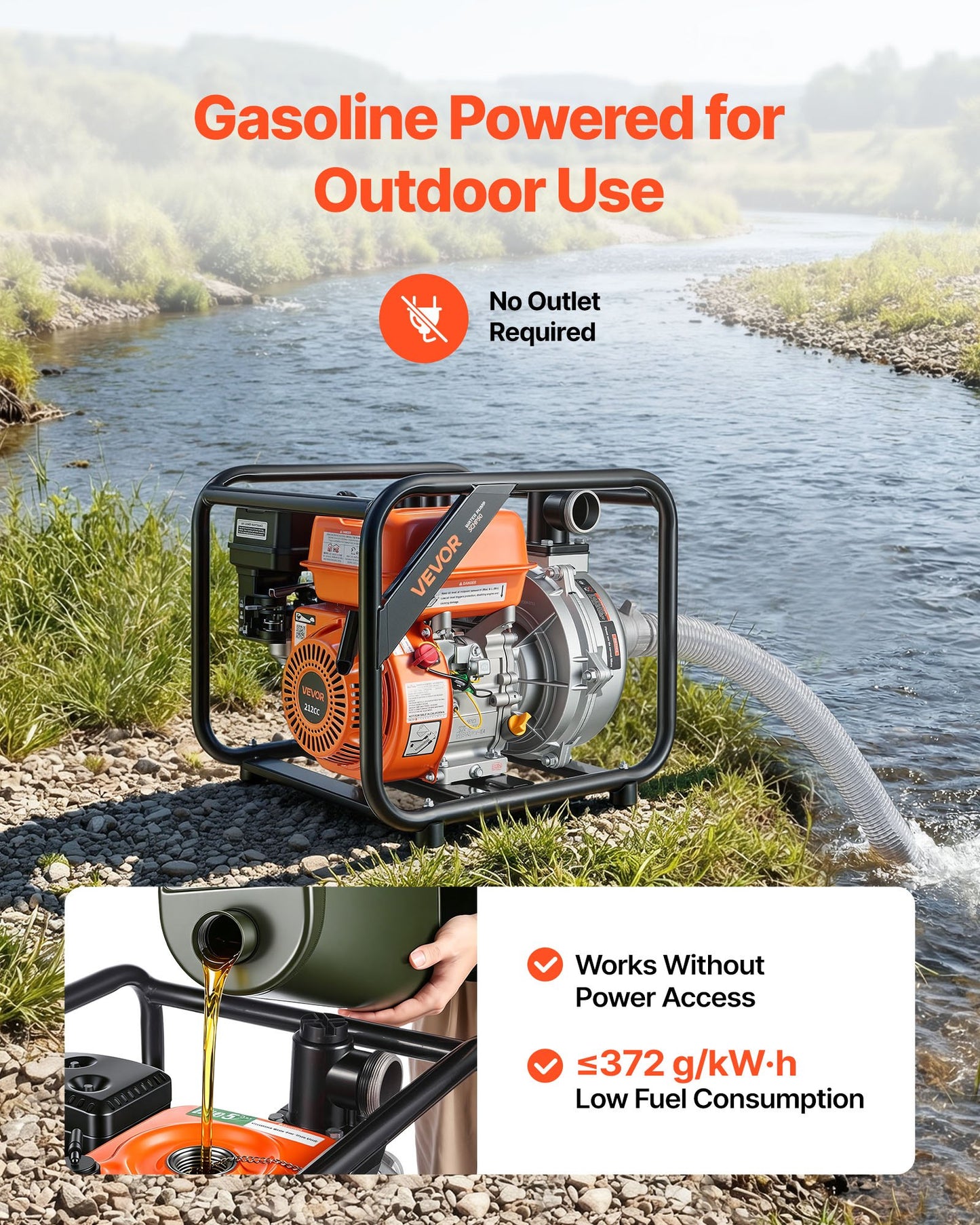 Gas Powered Water Pump, 50.8 mm, 128 GPM 6HP Semi Trash Water Transfer Pump Portable, Gasoline Engine with 7.62 m Discharge Hose, Heavy Duty Frame, Cast Iron Impeller, for Irrigation, Pools