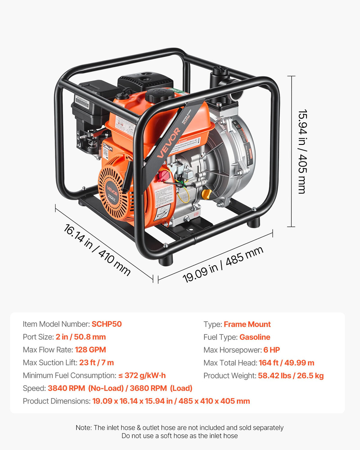 Gas Powered Water Pump, 50.8 mm, 128 GPM 6HP Semi Trash Water Transfer Pump Portable, Gasoline Engine with 7.62 m Discharge Hose, Heavy Duty Frame, Cast Iron Impeller, for Irrigation, Pools
