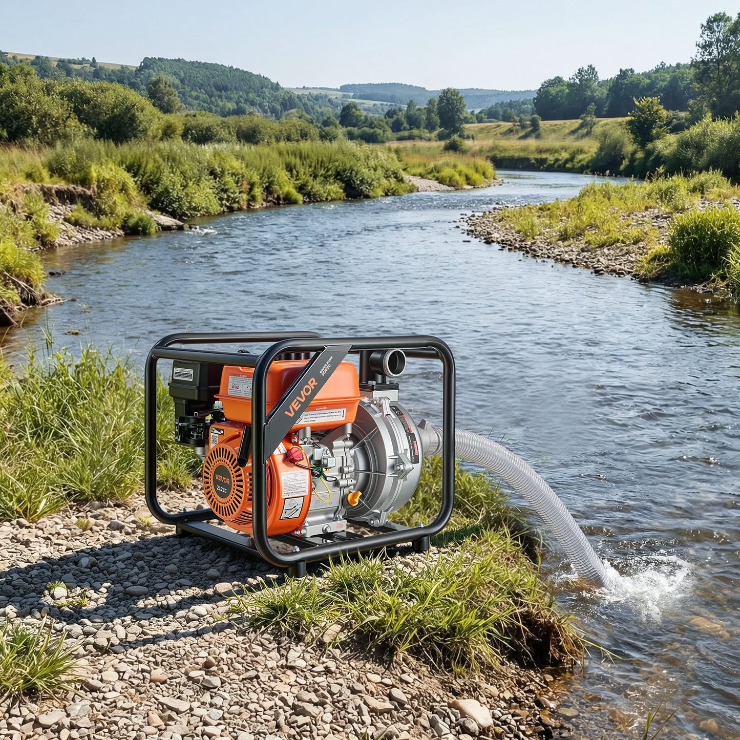 Gas Powered Water Pump, 50.8 mm, 128 GPM 6HP Semi Trash Water Transfer Pump Portable, Gasoline Engine with 7.62 m Discharge Hose, Heavy Duty Frame, Cast Iron Impeller, for Irrigation, Pools