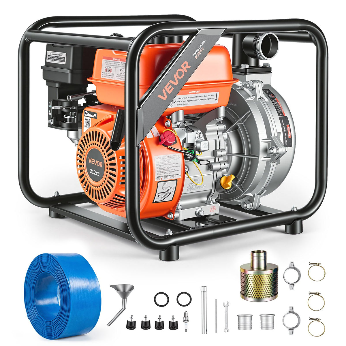 Gas Powered Water Pump, 50.8 mm, 128 GPM 6HP Semi Trash Water Transfer Pump Portable, Gasoline Engine with 7.62 m Discharge Hose, Heavy Duty Frame, Cast Iron Impeller, for Irrigation, Pools