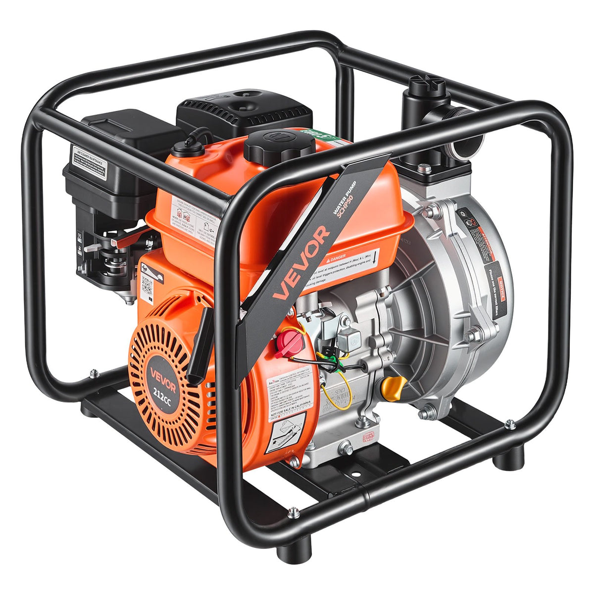 Gas Powered Water Pump, 50.8 mm, 128 GPM 6HP Semi Trash Water Transfer Pump Portable, Gasoline Engine with 7.62 m Discharge Hose, Heavy Duty Frame, Cast Iron Impeller, for Irrigation, Pools