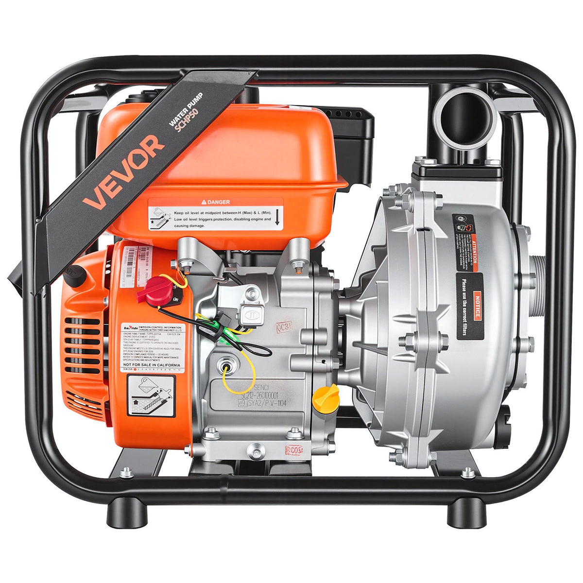 Gas Powered Water Pump, 50.8 mm, 128 GPM 6HP Semi Trash Water Transfer Pump Portable, Gasoline Engine with 7.62 m Discharge Hose, Heavy Duty Frame, Cast Iron Impeller, for Irrigation, Pools