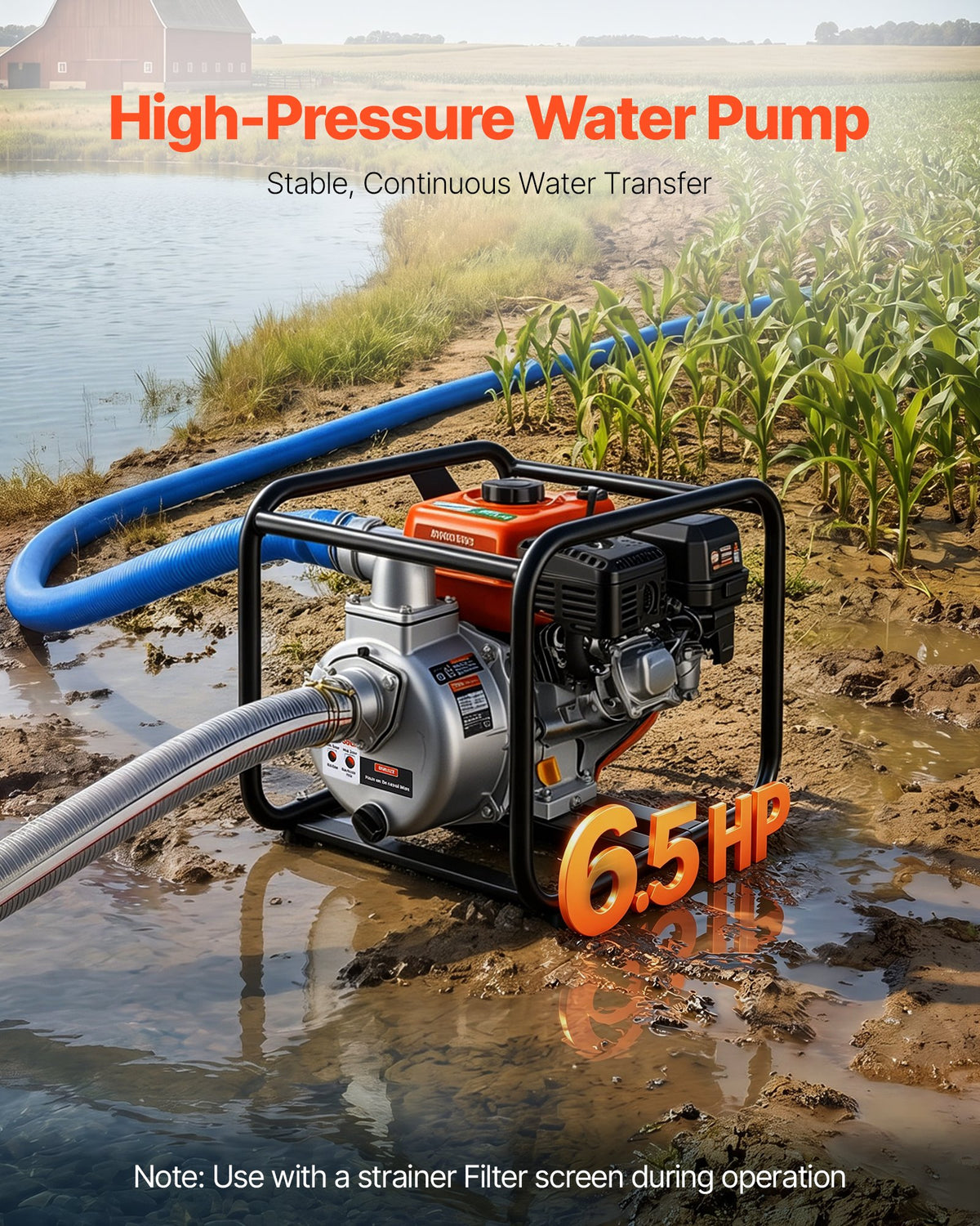 Gas Powered Water Pump, 50.8 mm, 132 GPM 6.5HP Semi Trash Water Transfer Pump Portable, Gasoline Engine with 7.62 m Discharge Hose, Heavy Duty Frame, Cast Iron Impeller, for Irrigation, Pools
